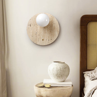 Traditional Japanese Round Oval Yellow Travertine 1-Light Wall Sconce Lamp For Bedroom