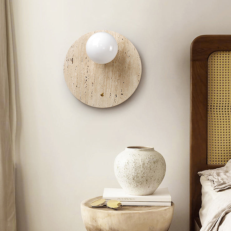 Traditional Japanese Round Oval Yellow Travertine 1-Light Wall Sconce Lamp For Bedroom