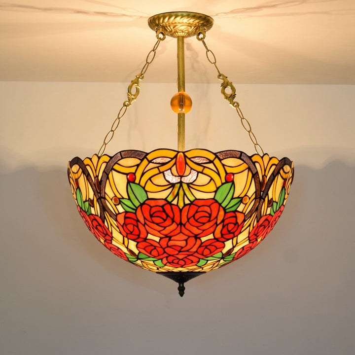 Traditioneller Tiffany-Buntglas-Rosenblumen-Eisen-3-Licht-Kronleuchter für das Wohnzimmer 