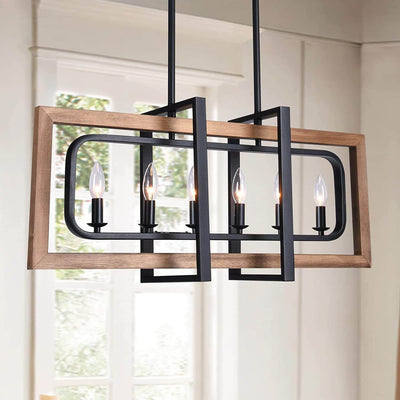 Contemporary Vintage Rectangular Wood Iron 4/6 Light Island Light Chandelier For Dining Room