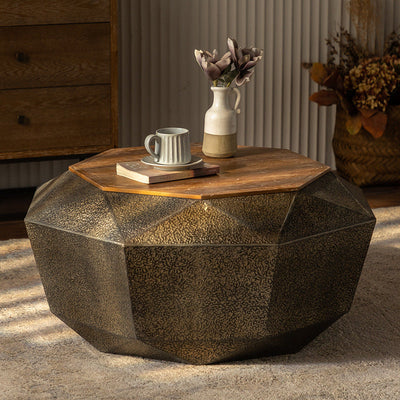 Mesa de café geométrica de hierro y madera de pino con diseño retro contemporáneo de 1 estante para sala de estar 