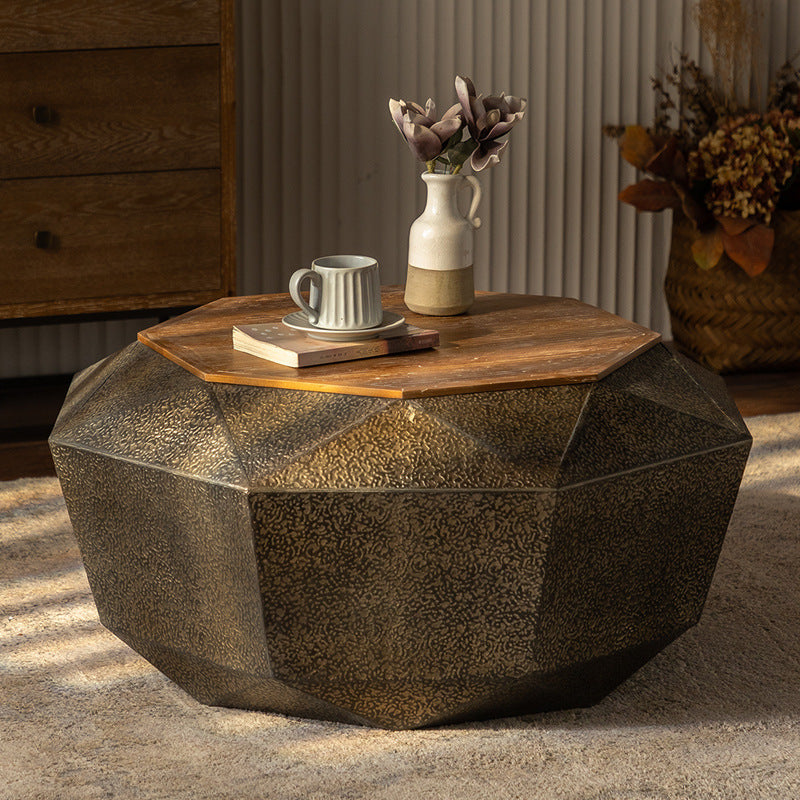 Mesa de café geométrica de hierro y madera de pino con diseño retro contemporáneo de 1 estante para sala de estar 