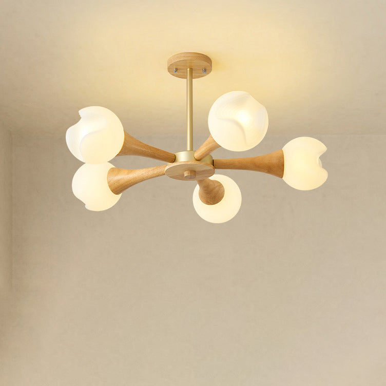 Suspension Contemporaine en Bois de Caoutchouc et Plastique avec Motif de Fleurs Nordiques, 3/5 Lumières pour Salon 