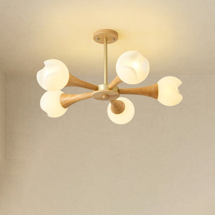 Suspension Contemporaine en Bois de Caoutchouc et Plastique avec Motif de Fleurs Nordiques, 3/5 Lumières pour Salon 