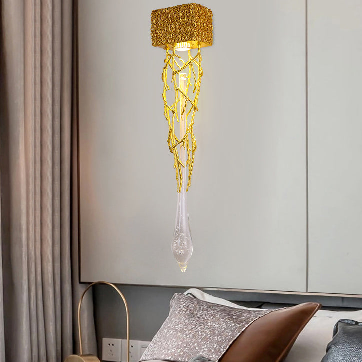 Lámpara de pared contemporánea de lujo de hierro y cobre con cristal en forma de rama, de 1 luz, para sala de estar 