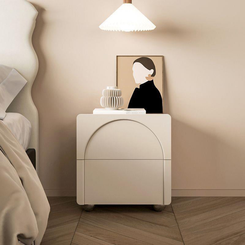 Table de nuit moderne minimaliste rectangulaire avec base ronde en acier au carbone et 2 tiroirs pour chambre 