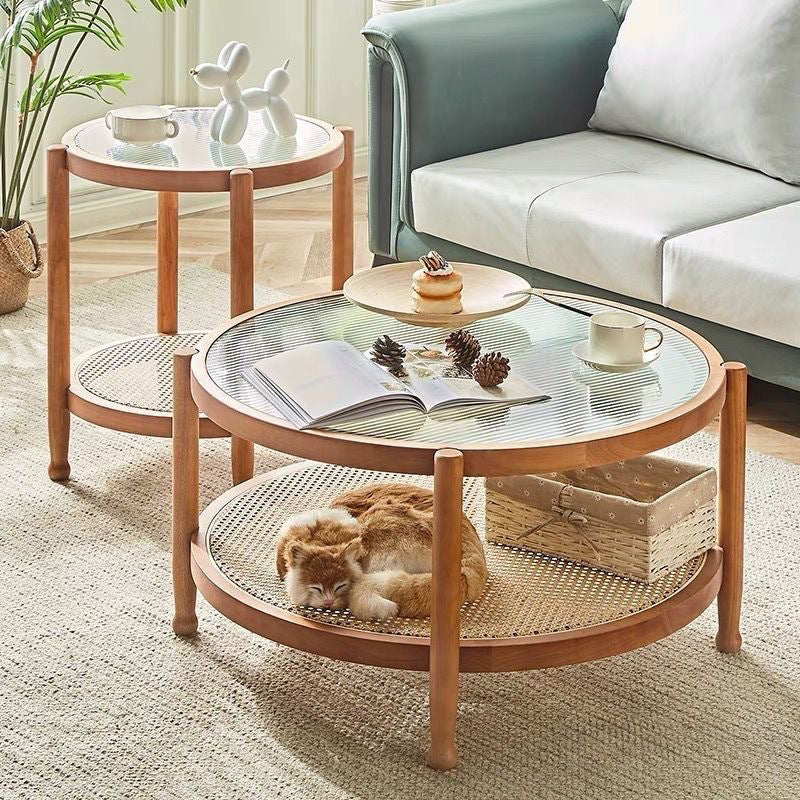 Table basse ronde minimaliste moderne en hévéa avec plateau en verre et faux rotin, à 2 niveaux, pour salon 