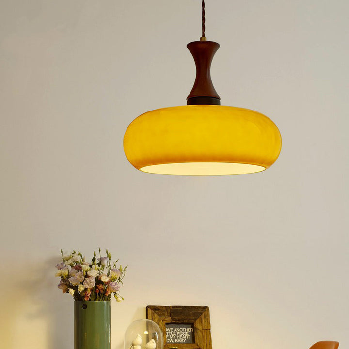 Zeitgenössische Retro Holz Eisen Glas Trommel Runde 1-Licht Pendelleuchte Für Esszimmer 