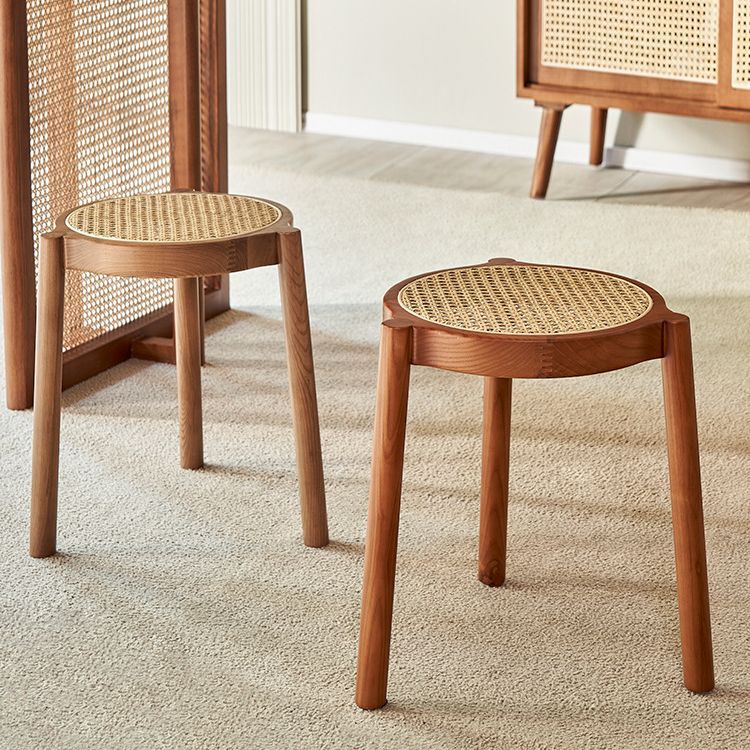 Traditional Japanese Round Rattan Weaving Ash Wood Frame Stackable Low Stool For Living Room