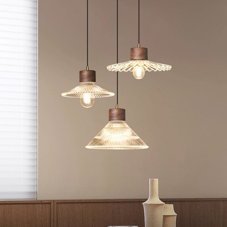 Traditionelle chinesische Pendelleuchte aus Eisen, Walnuss und Glas, konisch, schirmförmig, 1 Licht, für Esszimmer 