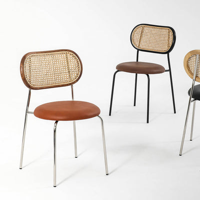 Contemporary Nordic Round PU Leather Wood Rattan Chair Backrest For Living Room