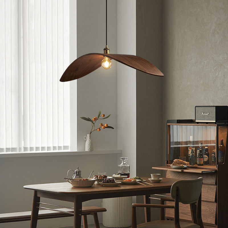 Traditionelle japanische Pendelleuchte mit 1 Licht und Walnussholzmaserung in Blattform für Esszimmer 