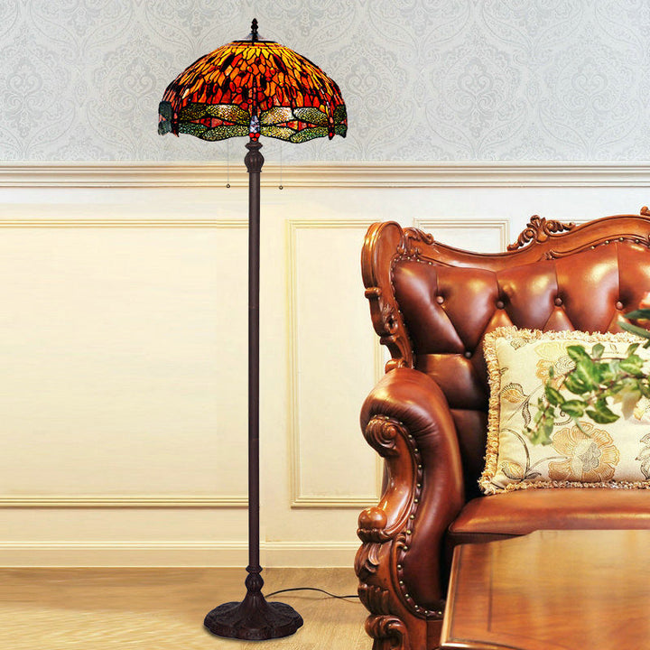 Lampe de sol traditionnelle Tiffany Dragonfly en verre teinté à 2 lumières pour bureau à domicile 