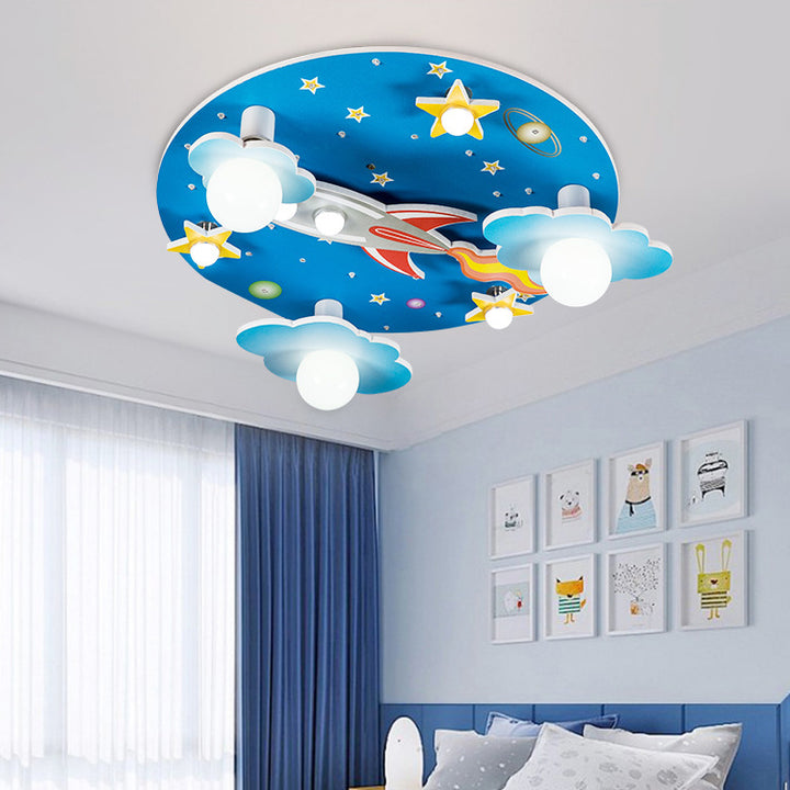 Moderna lámpara de techo LED de estilo Art Deco para niños con cohete redondo de madera y plástico y cielo estrellado para dormitorio 