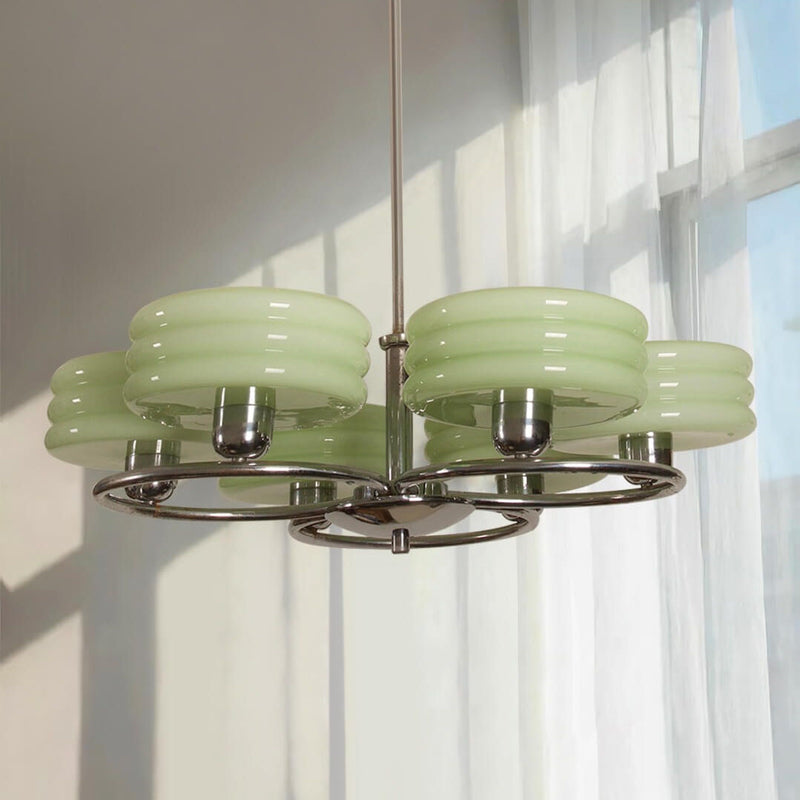 French Vintage Green Cream Glass Round Chrome Circle 6-Light Chandelier