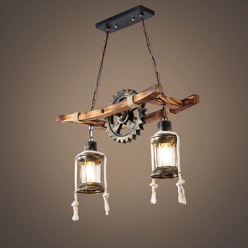 Vintage Industrielle Holz Metall 2-Licht Insel Leuchter 