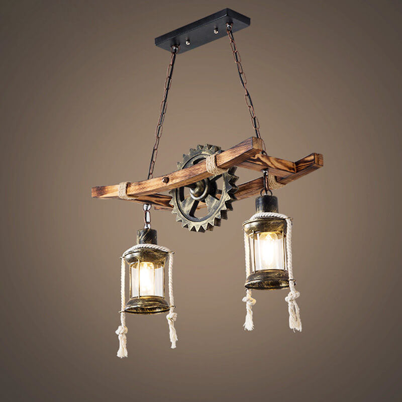 Vintage Industrial Wooden Metal 2-Light Island Light Chandelier