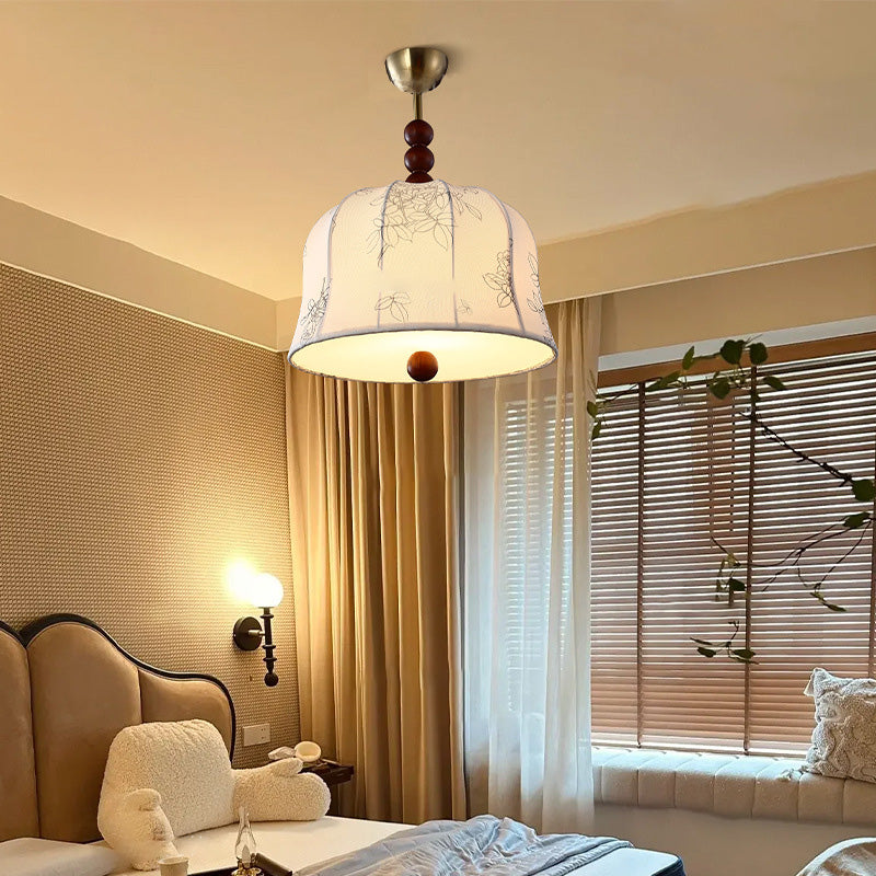 Lámpara colgante de 1 luz de tela floral redonda romántica francesa tradicional de madera y metal para dormitorio 