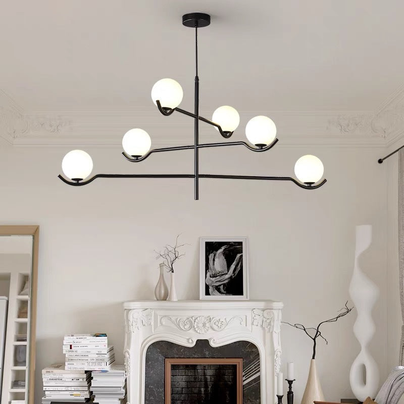 Moderner Mid-Century Eisen Langstab Glaskugel Schirm 4/6-flammiger Kronleuchter für Esszimmer 