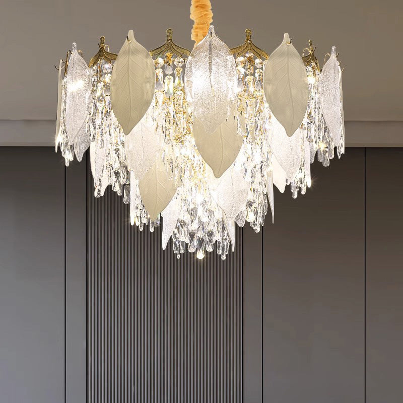 Contemporary Luxury Leaf Crystal Glass Iron Ceramic 9/15/16 Light Chandelier For Living Room