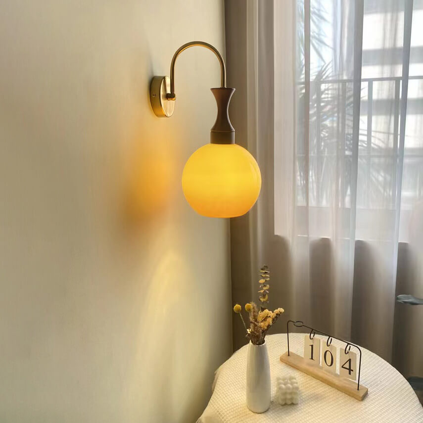 Applique Murale Rétro en Bois et Fer avec Bras et Boule en Verre 1 Lumière 