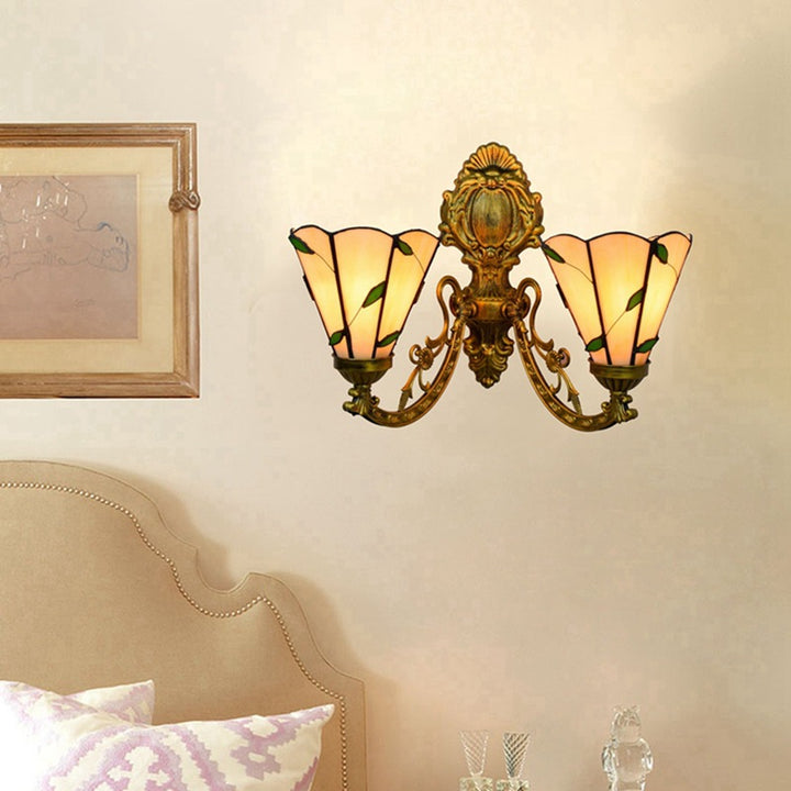 Applique murale à 2 lumières en verre résine fer Tiffany traditionnel conique feuillage pour couloir 