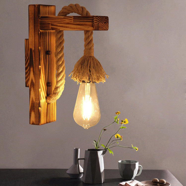 Lámpara de Aplique de Pared de 1 Luz con Colgante Cúbico de Vidrio de Hierro con Cuerda de Cáñamo de Madera Industrial Contemporánea para Pasillo 