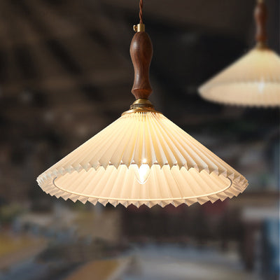 Vintage 1-Light Pleated Fabric Conical Pendant Light