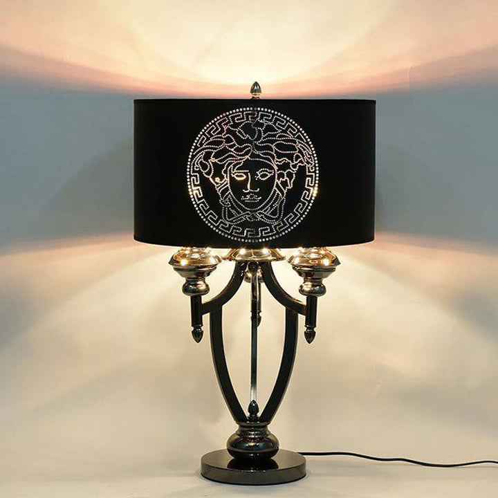 Lampe de table à 3 lumières en tissu rétro contemporain avec cylindre en marbre et fer pour étude 
