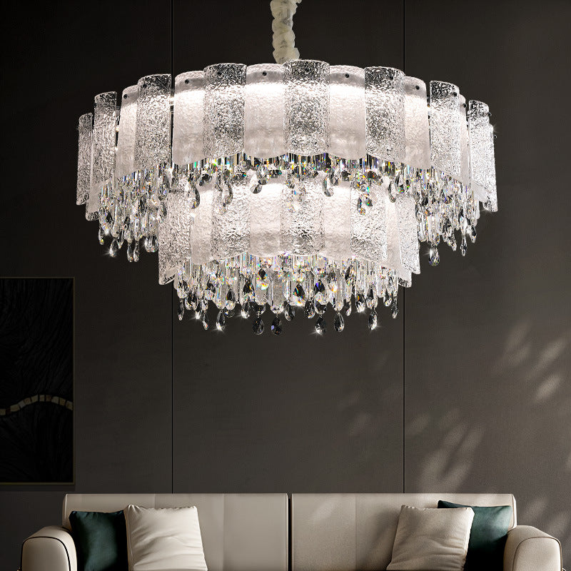 Traditionelle französische runde Ripple-Metallkristallglas-LED-Kronleuchter für Wohnzimmer 