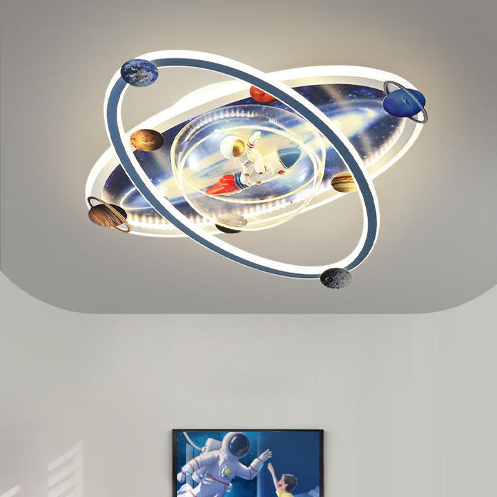 現代的なクリエイティブキッズラウンドスペースマンプラネットアイロンアクリル樹脂LEDフラッシュマウント天井ライトベッドルーム用 