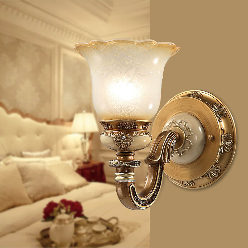 European Vintage Flower Cup Iron Resin Glass 1/2 Light Wall Sconce Lamp