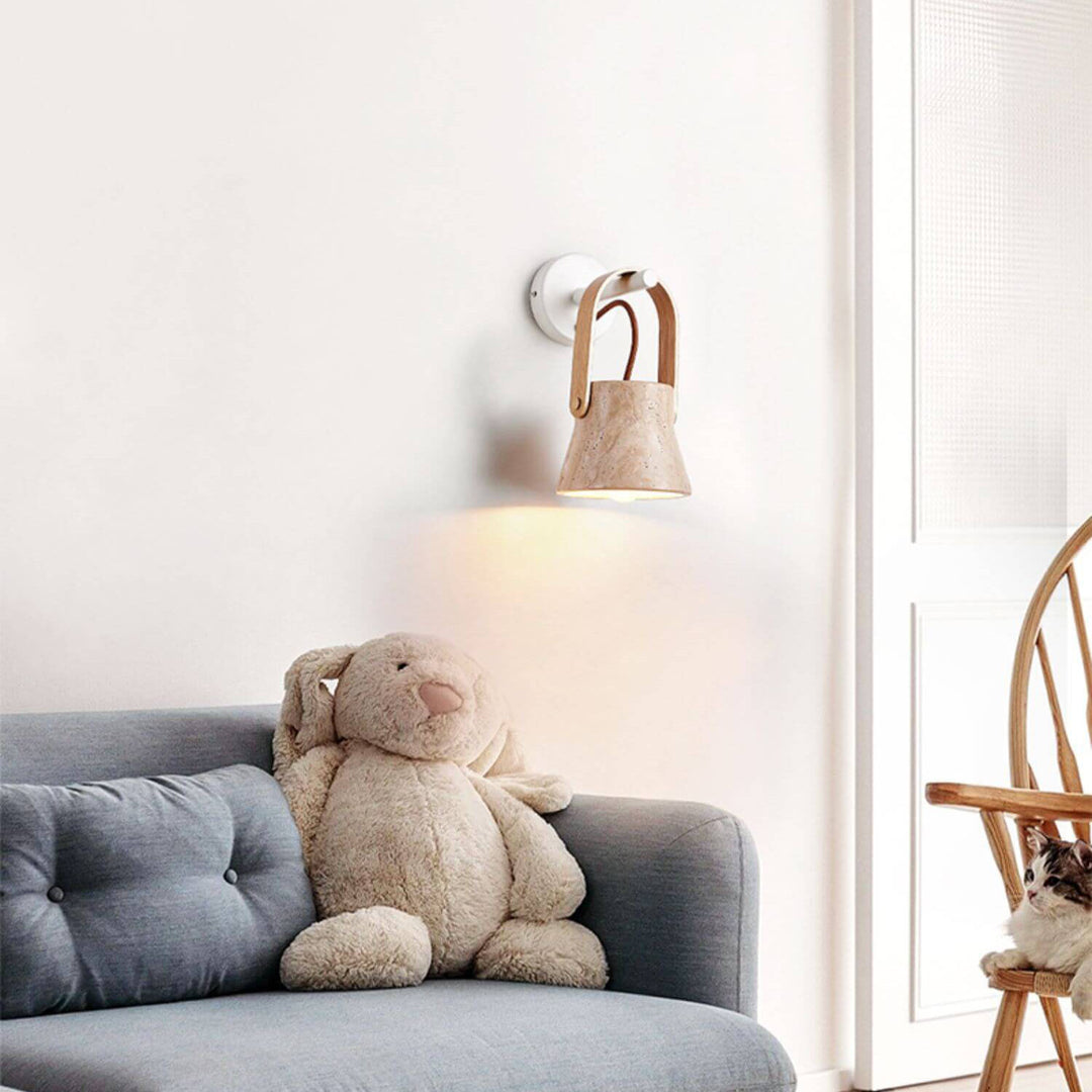 Aplique de pared de 1 luz redondo de travertino amarillo y nogal retro japonés 