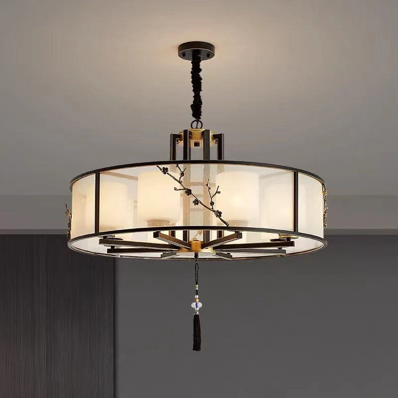 Traditioneller chinesischer runder Eisen-Kupfer-Glasstoff 8-Licht-Kronleuchter für das Wohnzimmer 