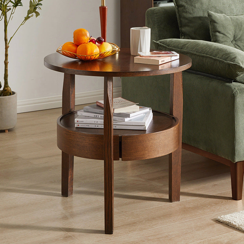 Mesa auxiliar redonda contemporánea, retro y vintage de madera de caucho, madera de pino y contrachapado con cajón de 2 niveles para sala de estar 