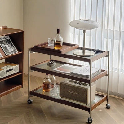 Table d'appoint carrée minimaliste moderne en acier inoxydable, verre et bois avec roulettes triple pour salon 