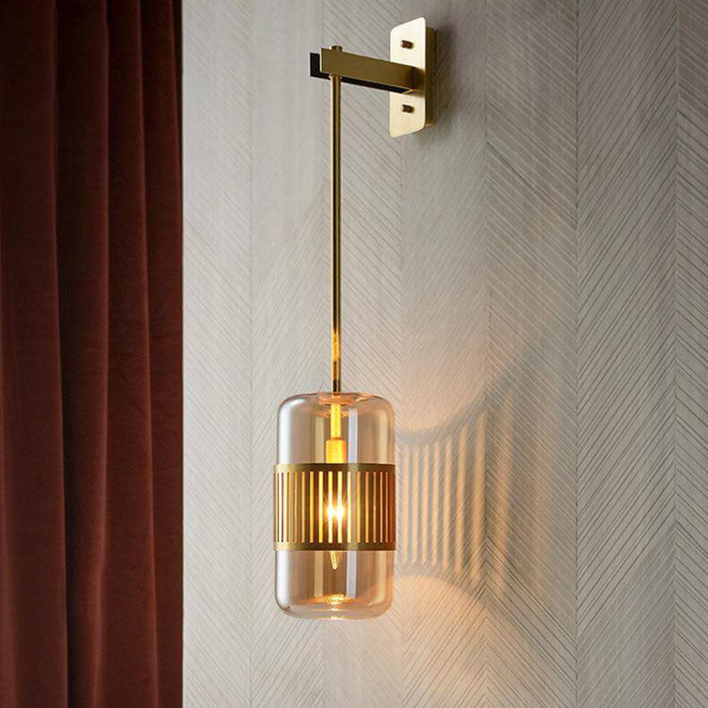 Lámpara de pared cilíndrica de vidrio y hierro de lujo contemporáneo de 1 luz para dormitorio y sala de estar 