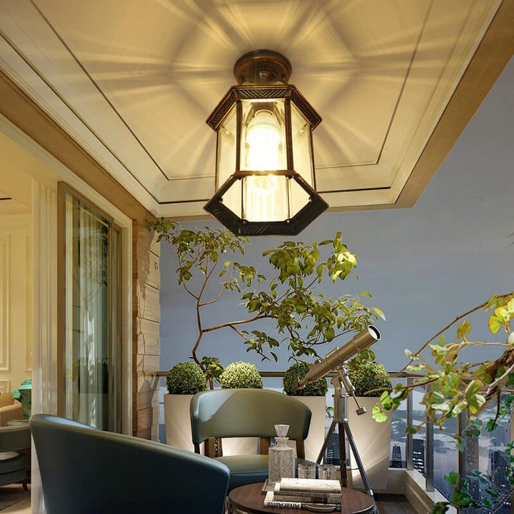 Traditional European Outdoor Hexagonal Lantern Waterproof 1-Light Semi-Flush Mount Ceiling Light For Outdoor