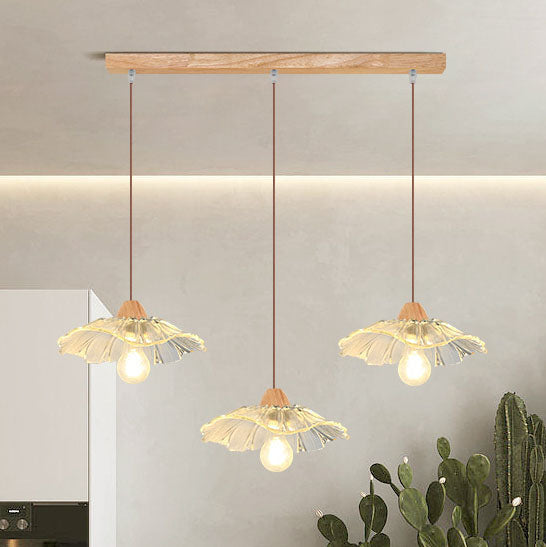 Moderner Art Deco Holz Lotusblatt Glasschirm 1/3-Licht Inselleuchte Kronleuchter für Schlafzimmer 