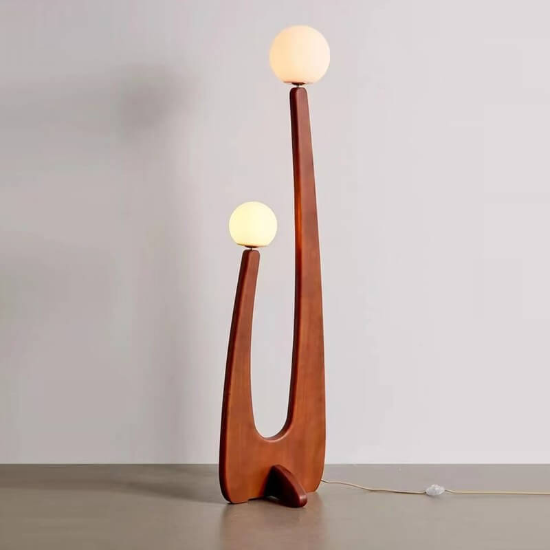 Modern Minimalist Walnut Solid Wood Glass Ball 2-Light Standing Floor Lamp for Living Room
