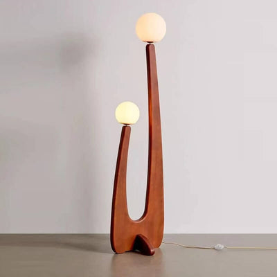 Modern Minimalist Walnut Solid Wood Glass Ball 2-Light Standing Floor Lamp