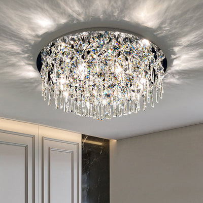 Luxe contemporain Éblouissant chaînes de cristal prismatiques Cadre rond en acier inoxydable Plafonnier encastré à 2/6/8 lumières pour salon 