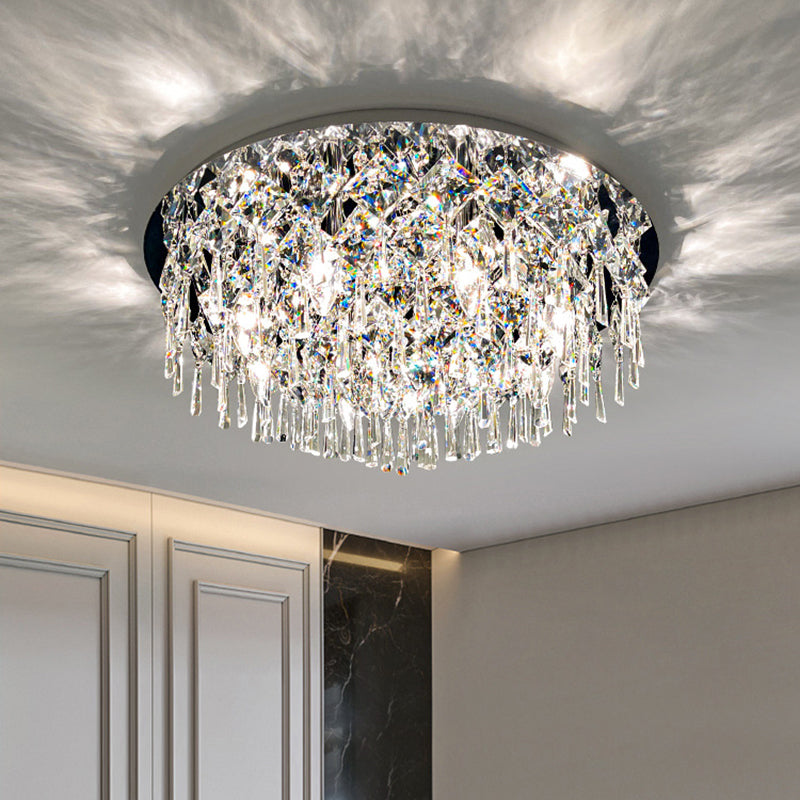 Luxe contemporain Éblouissant chaînes de cristal prismatiques Cadre rond en acier inoxydable Plafonnier encastré à 2/6/8 lumières pour salon 