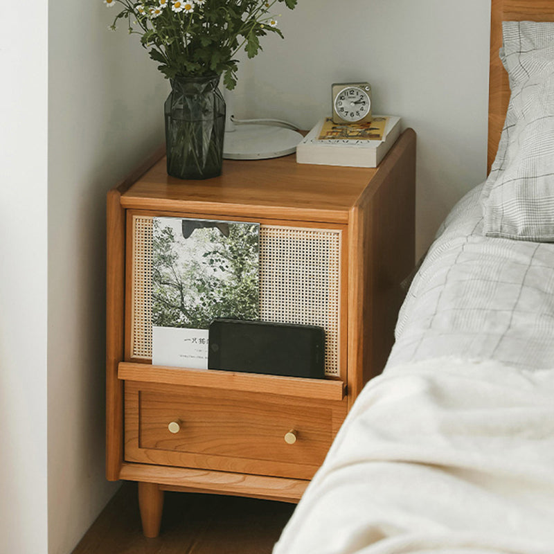 Table de chevet contemporaine rétro carrée en bois massif à 2 tiroirs pour chambre 