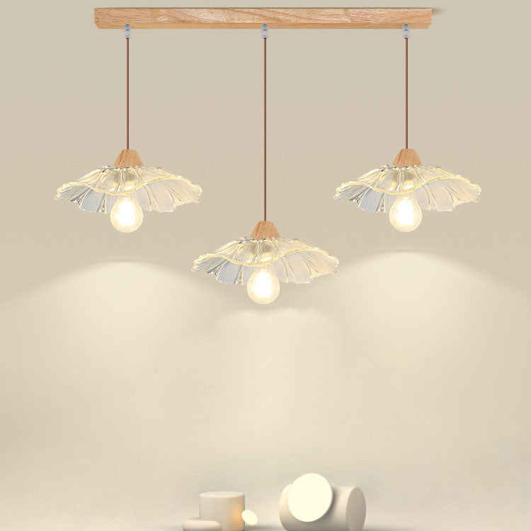 Art déco moderne en bois avec abat-jour en verre en forme de feuille de lotus, lustre à 1/3 lumières pour chambre à coucher 