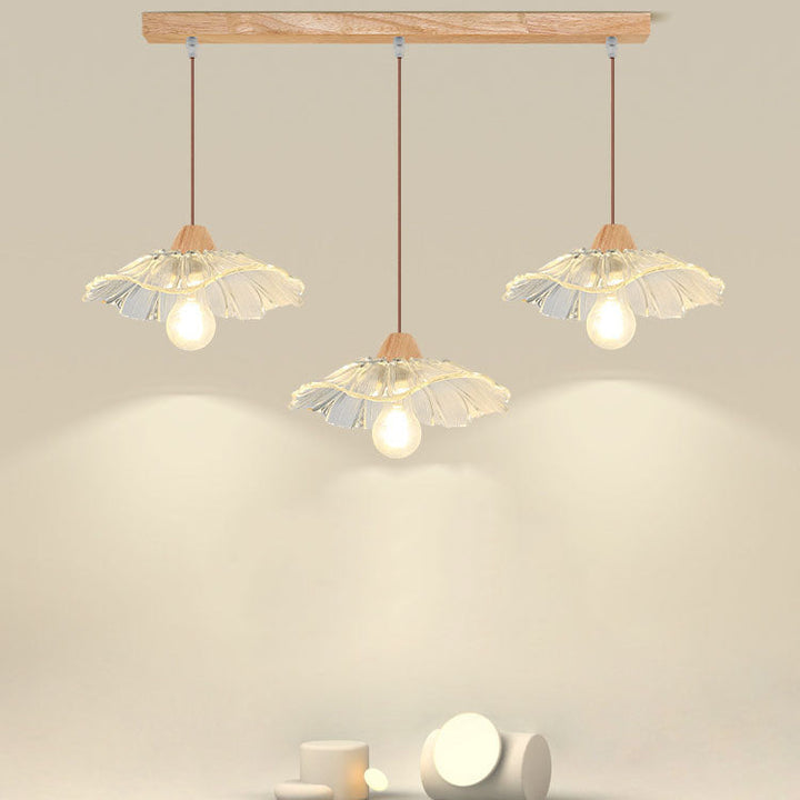 Art déco moderne en bois avec abat-jour en verre en forme de feuille de lotus, lustre à 1/3 lumières pour chambre à coucher 