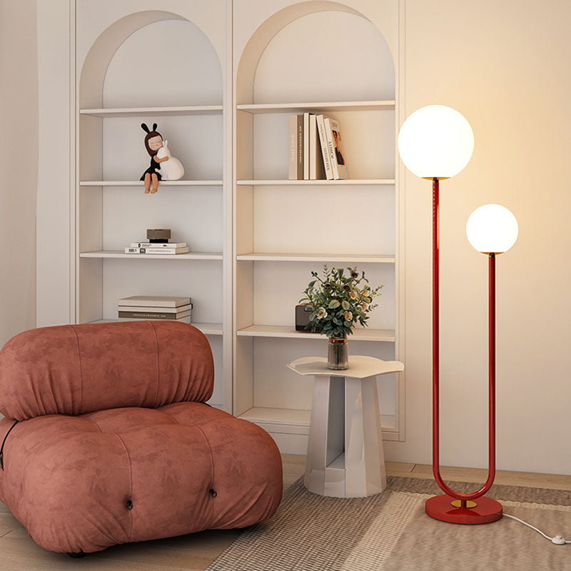 Moderner minimalistischer langer runder Ball Eisen Glas 2-Licht Stehlampe für Schlafzimmer 