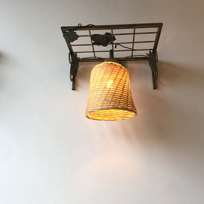 Lámpara Aplique de Pared de 1 Luz con Cilindro de Hierro y Bambú Tejido Cuadrícula Rectangular Rústica Tradicional para Sala de Estar 