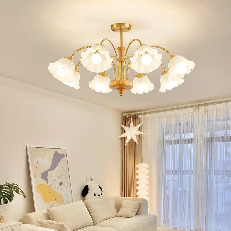 Lámpara de araña tradicional francesa redonda de cobre con vidrio y madera con 4/6/8 luces para sala de estar 