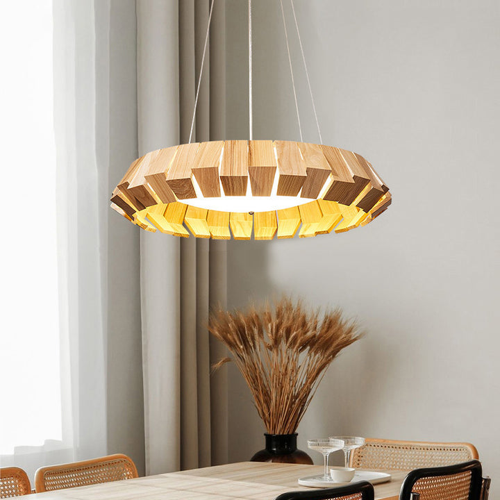 Zeitgenössische skandinavische Runde fliegende Untertasse Holz Glas LED Kronleuchter für Wohnzimmer 